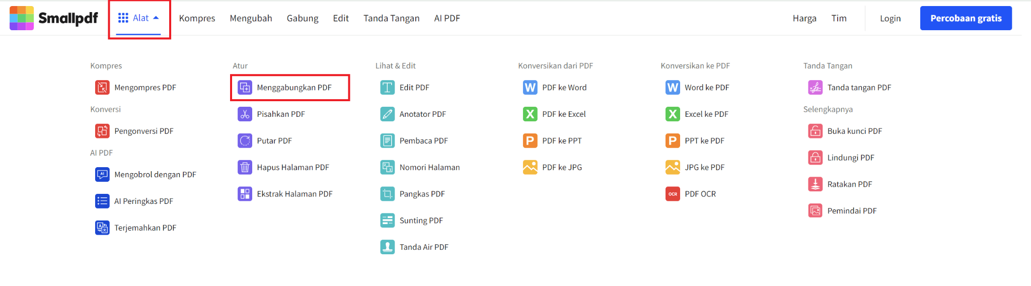 Pilih alat Gabungkan PDF
