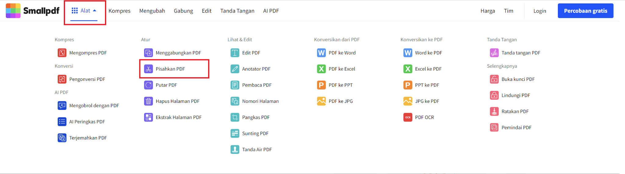Pilih Pisahkan PDF untuk mengedit file.