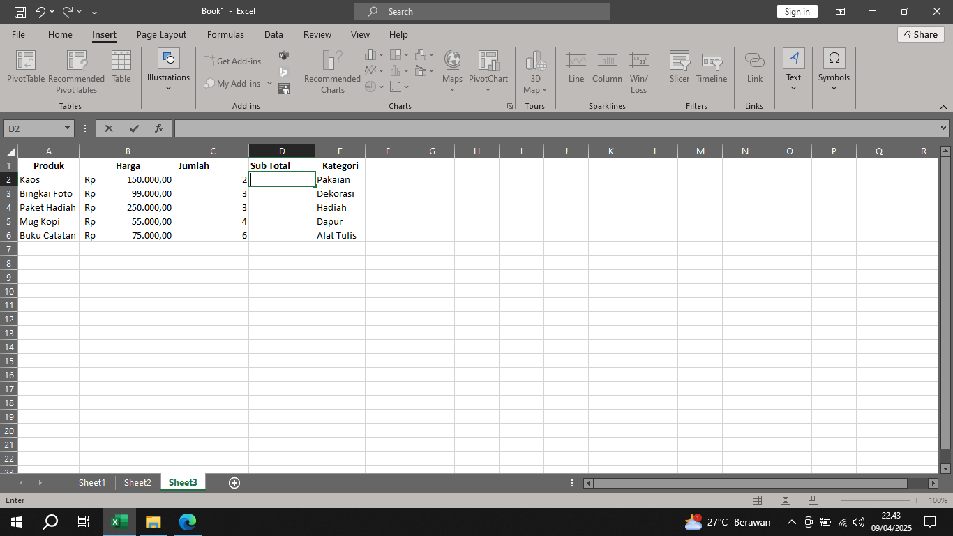 Memasukkan rumus perkalian pada excel