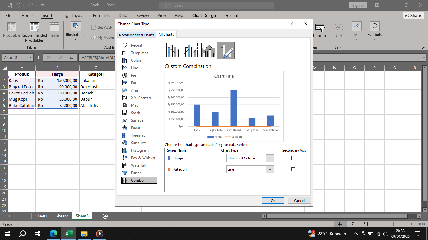 Opsi untuk mengubah tampilan grafik pada Excel
