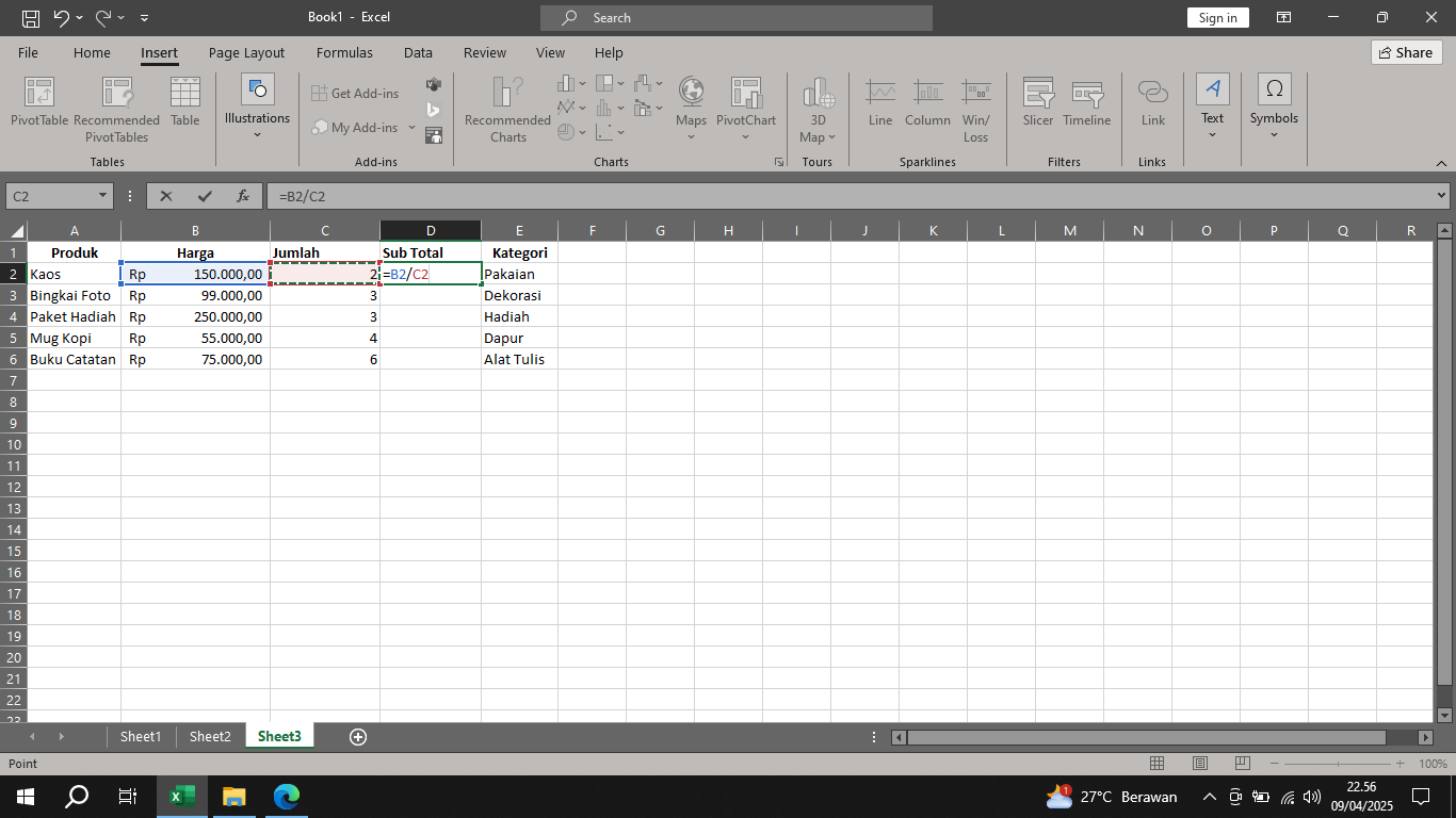 Tampilan rumus pembagian di Excel
