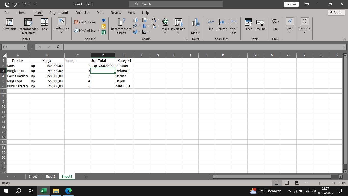 Hasil pembagian menggunakan rumus excel