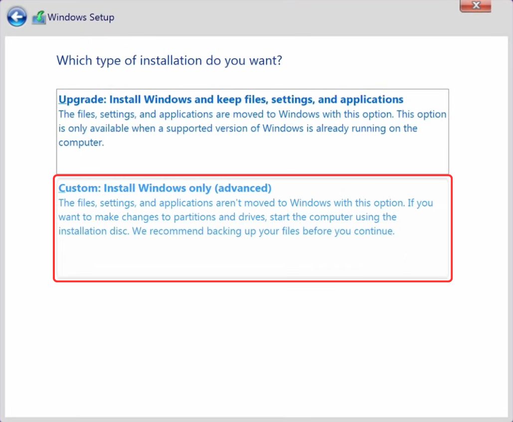 Choose Custom Installation