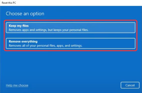 Choose an option to reset your PC