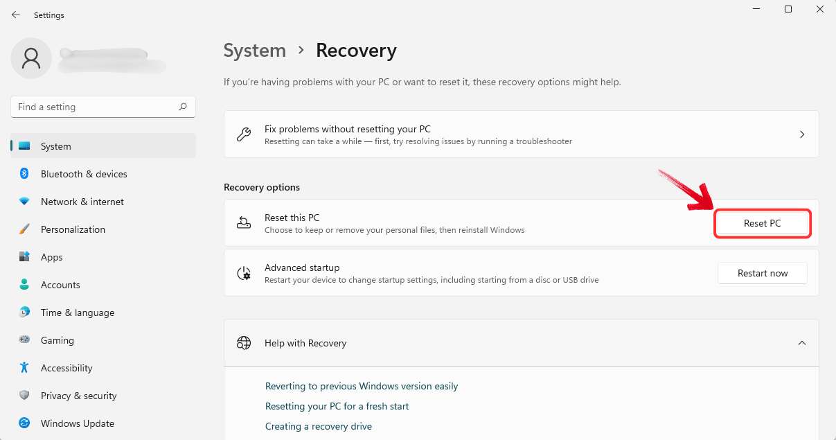 Windows 11 Reset PC option