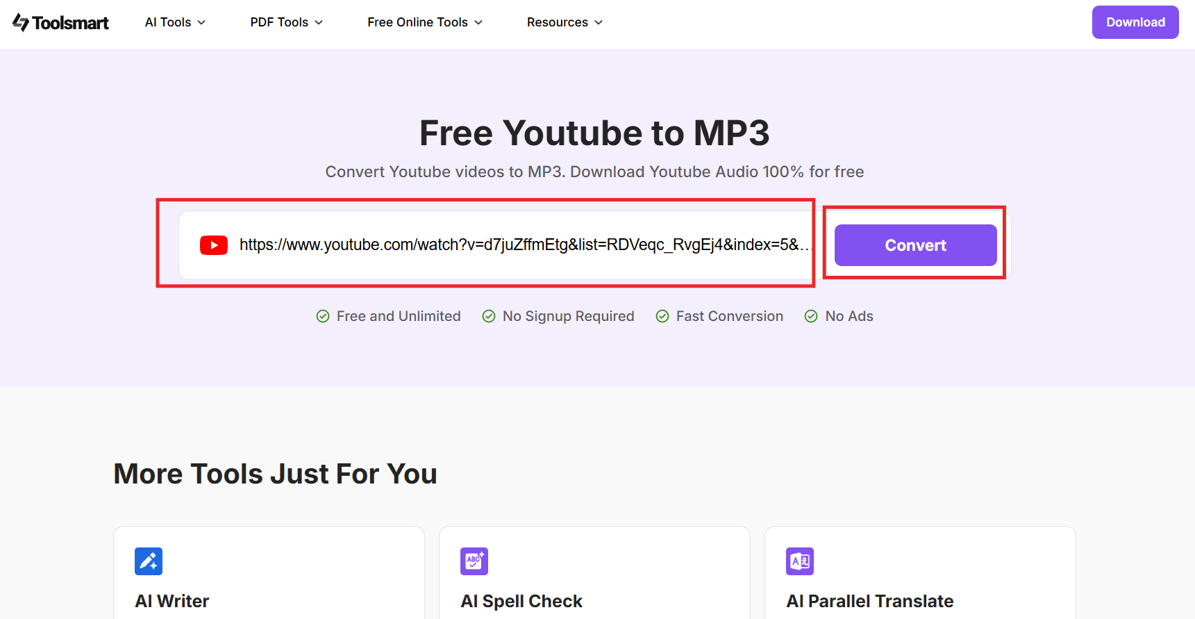 Paste YouTube link into Toolsmart converter