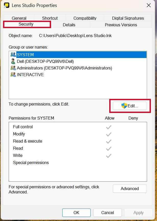Security Tab Properties