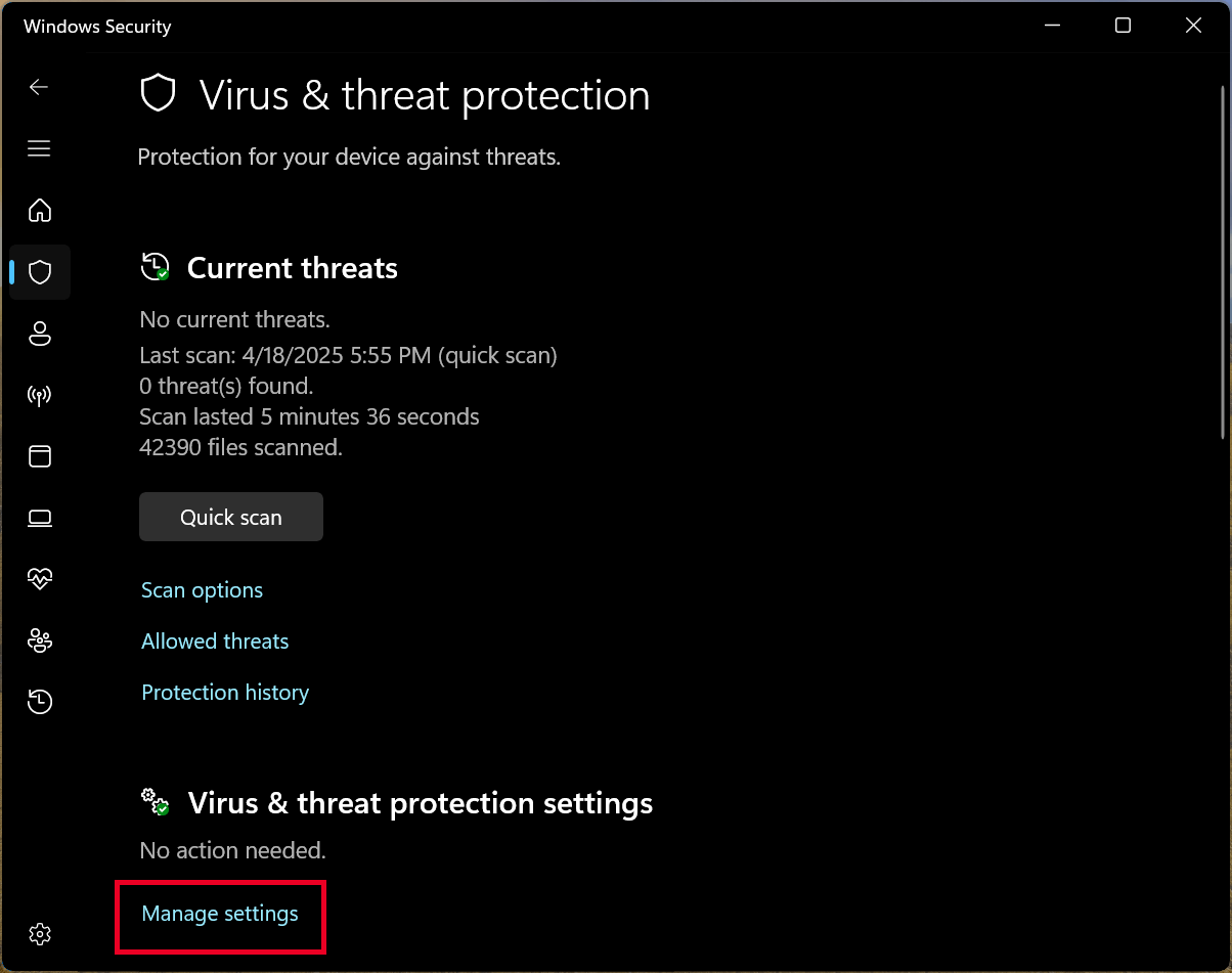 Virus and Threat Protection Settings