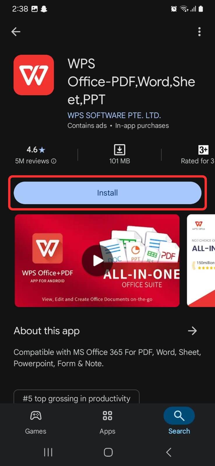 Tap Install Button to install WPS Office on Mobile