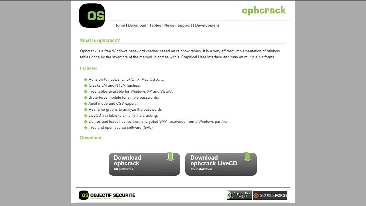 Ophcrack’s official site