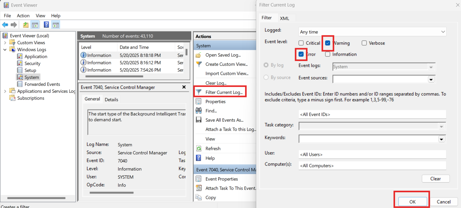 Windows Logs warnings and errors