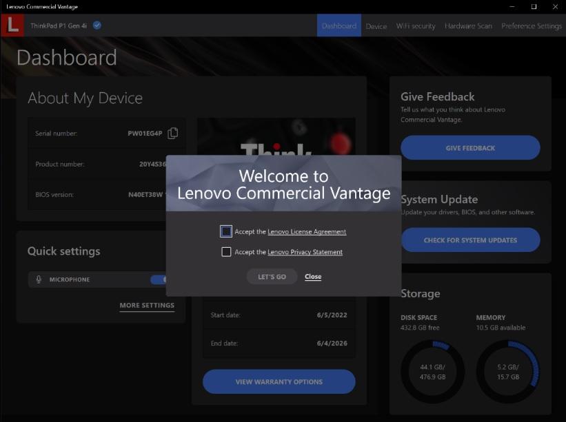 Lenovo Commercial Vantage Home Page