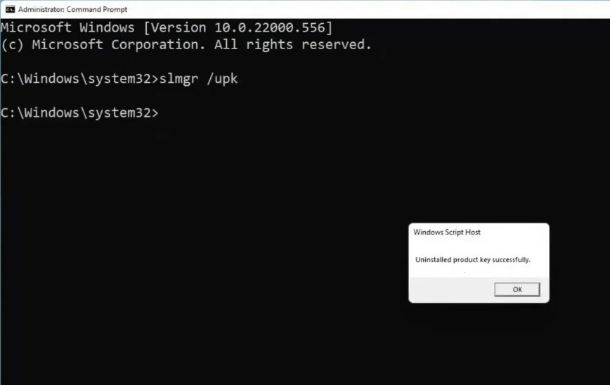 Type slmgr /upk in the command prompt