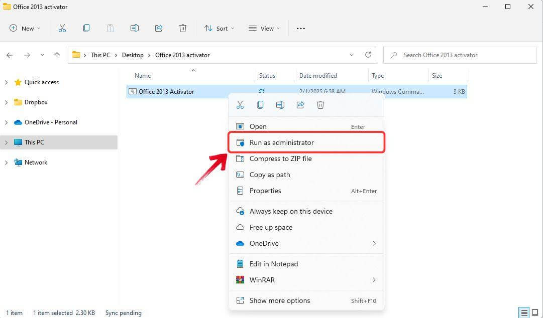 Chạy tệp kích hoạt Office 2013 với quyền quản trị viên