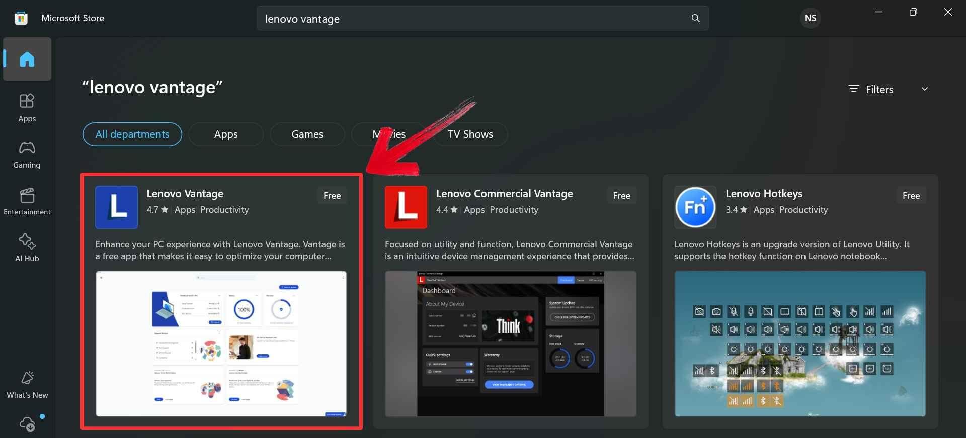 Search Lenovo Vantage