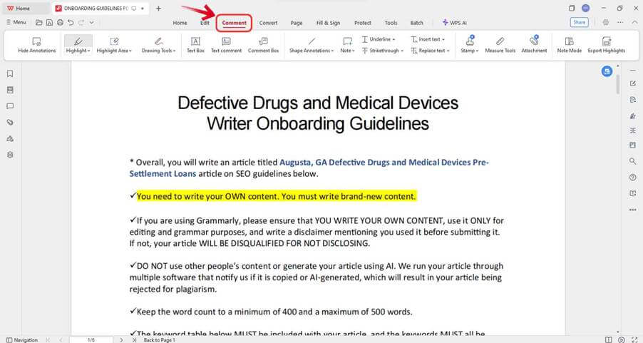 علامة التبويب تعليق في WPS PDF