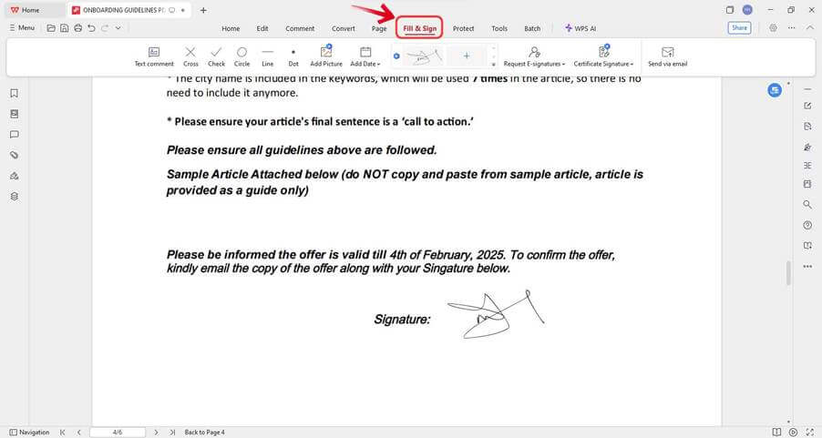 علامة التبويب ملء وتوقيع في WPS PDF