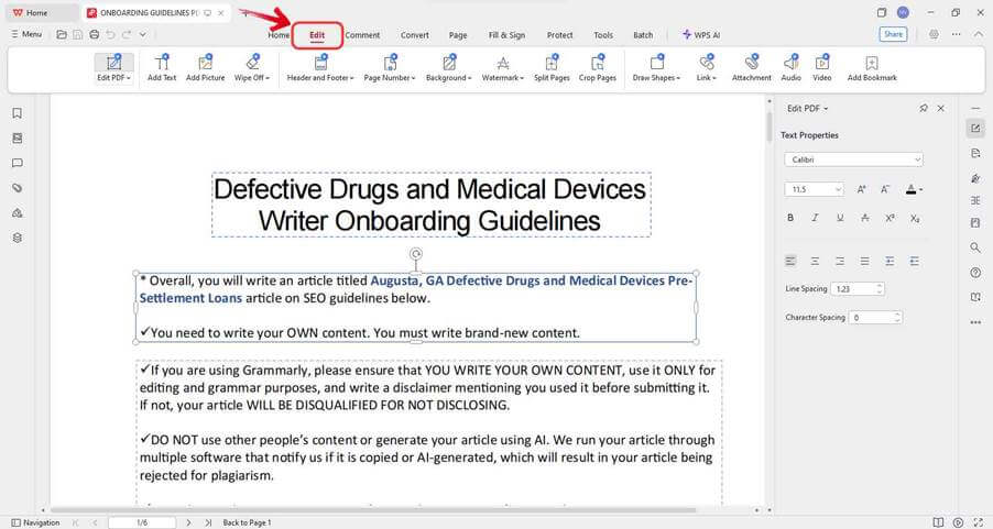 علامة التبويب تحرير في WPS PDF