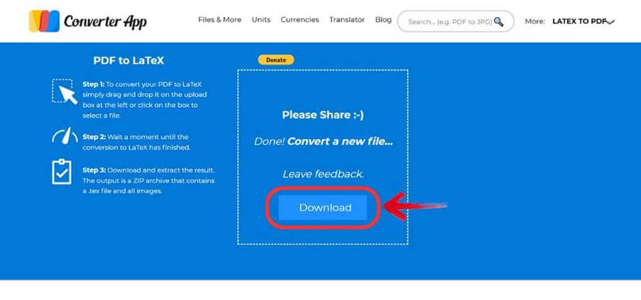 تنزيل ملف LaTeX من تطبيق Converter