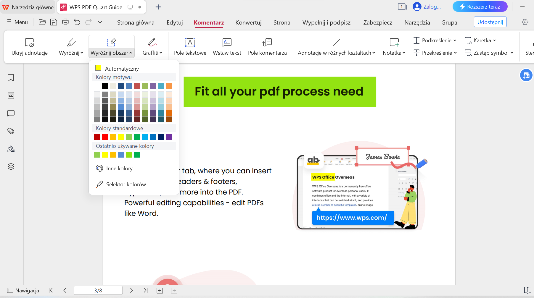 Więcej opcji kolorów obszaru wyróżnienia WPS PDF