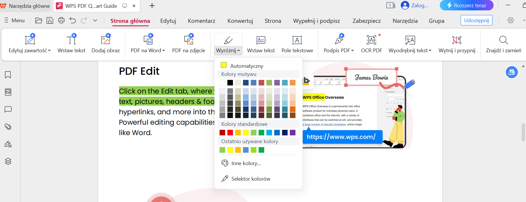 Opcje koloru wyróżnienia w WPS PDF