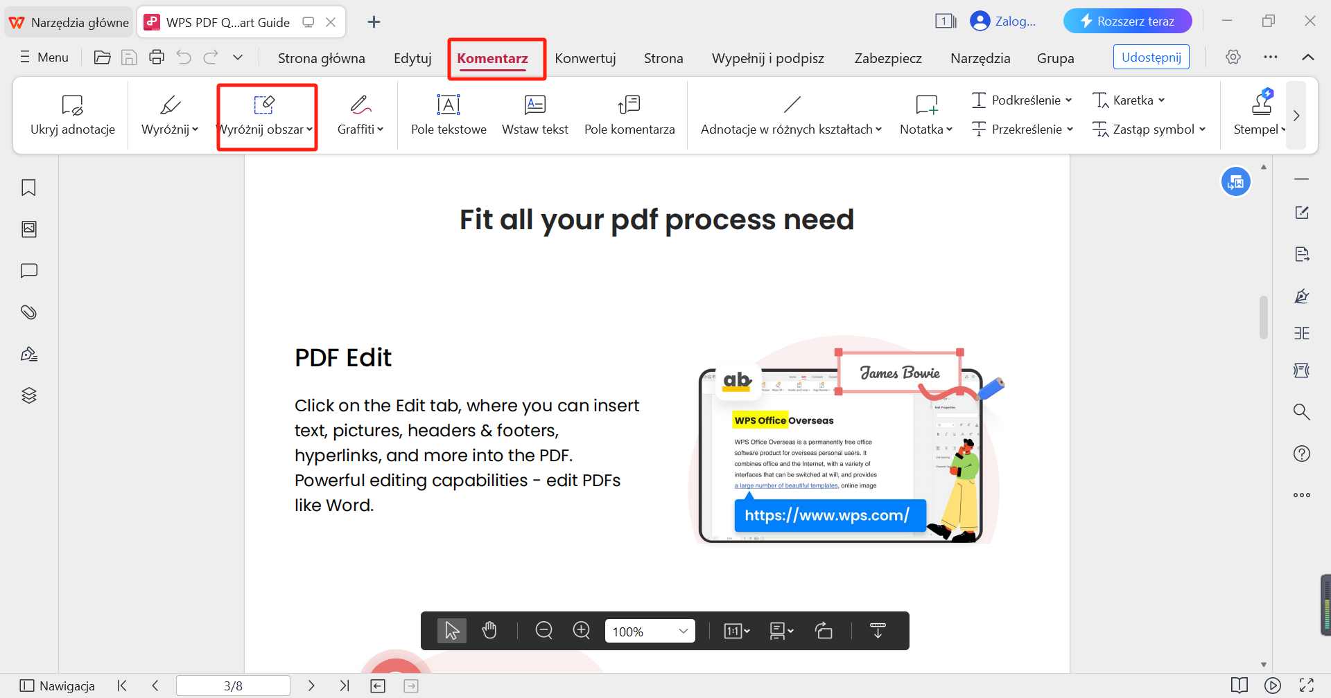 Narzędzie do wyróżniania obszaru WPS PDF