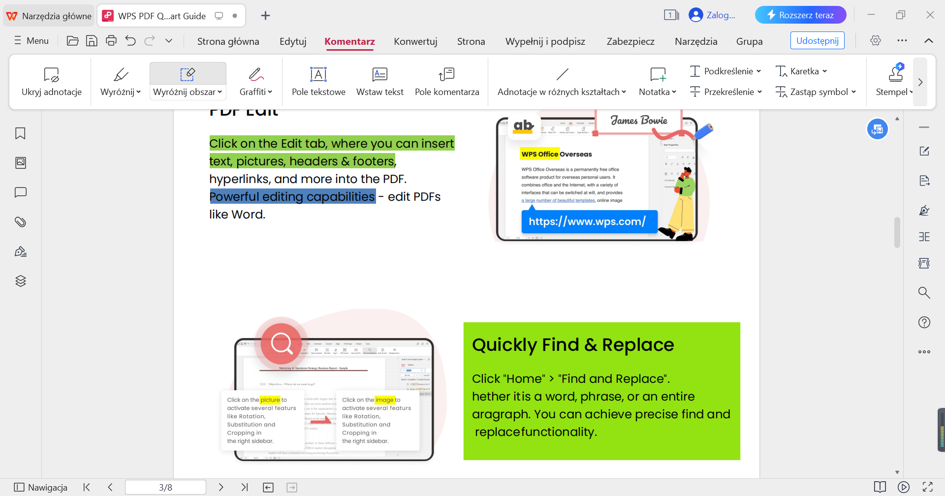 Narzędzie Wyróżniania w WPS PDF w porównaniu do Narzędzia Wyróżniania Obszaru