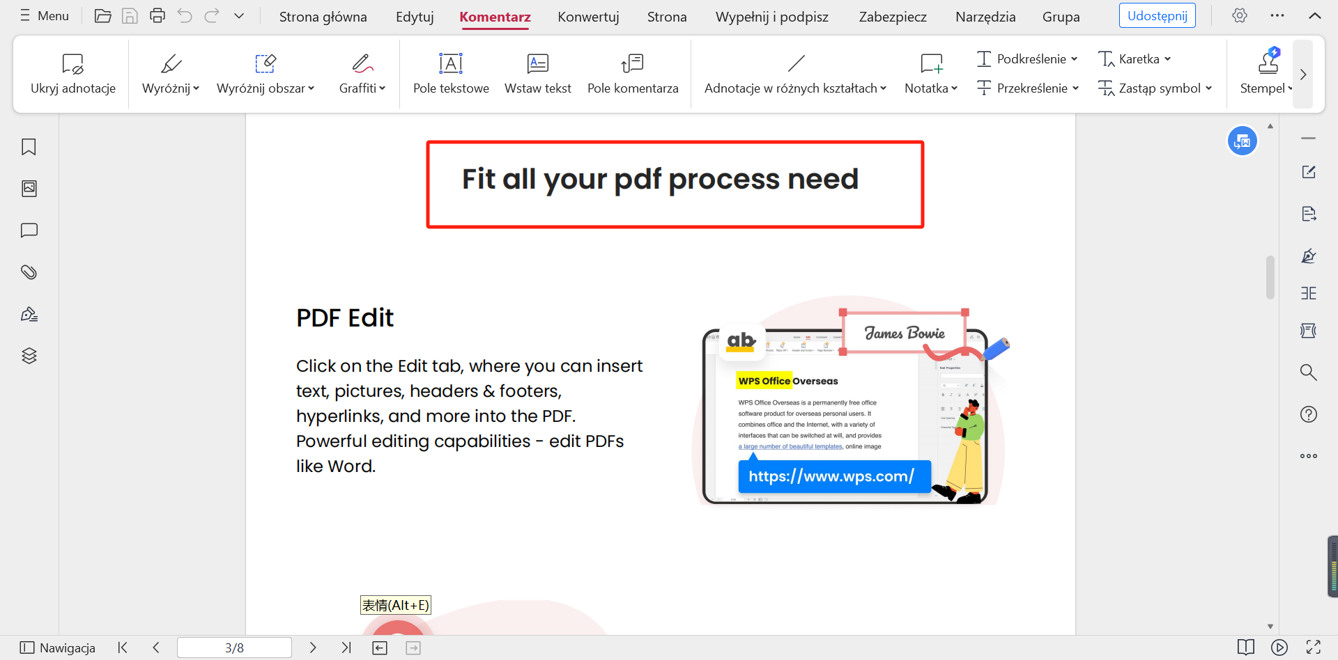 Wybór obszaru do wyróżnienia w WPS PDF