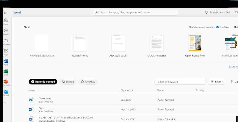 Wordin verkkoversion kotisivu