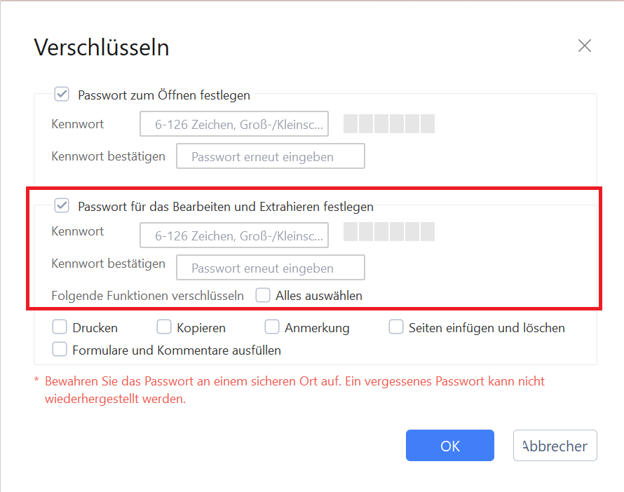 Fügen Sie ein Passwort hinzu, um die Bearbeitung und das Kopieren von PDFs zu kontrollieren.