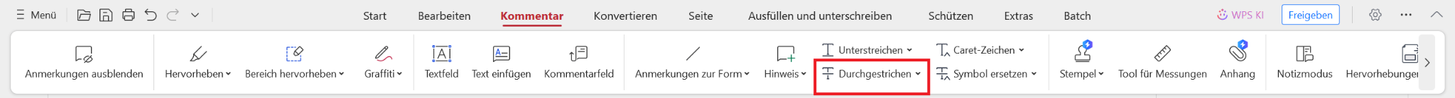 WPS PDF Durchstreichwerkzeug