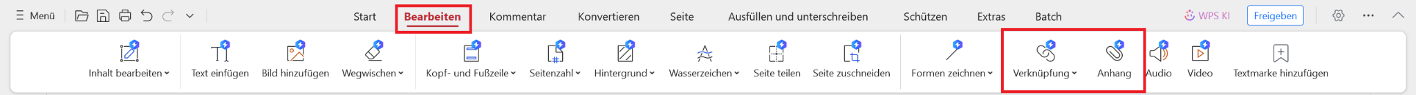 WPS PDF Anhänge und Links hinzufügen