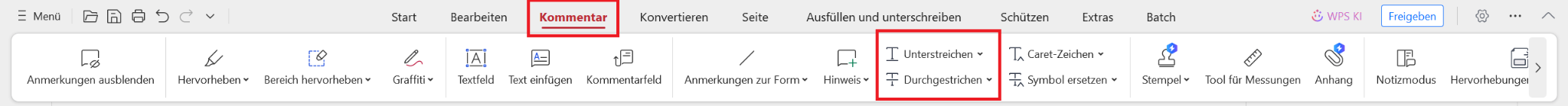WPS PDF Unterstreich- und Durchstreichwerkzeuge