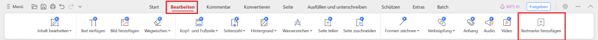 WPS PDF Lesezeichen hinzufügen