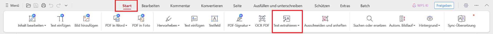 WPS PDF Text extrahieren Werkzeug