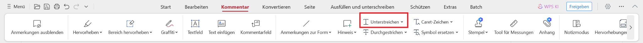 WPS PDF Unterstreichwerkzeug