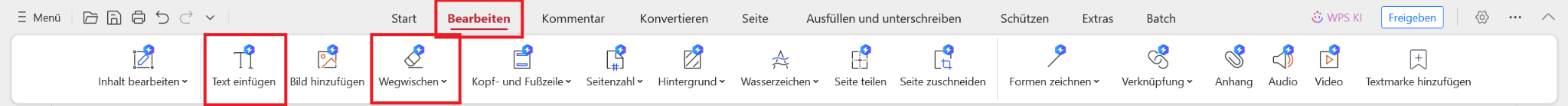 WPS PDF Text hinzufügen und löschen Optionen