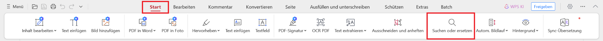 WPS PDF Suchen und Ersetzen Schaltfläche