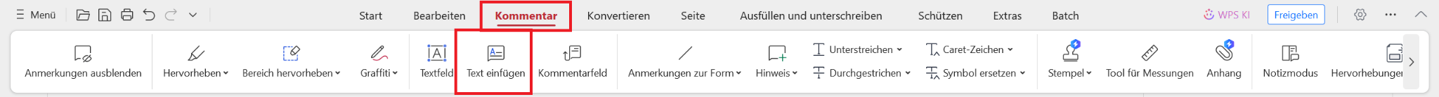 WPS PDF Textkommentar-Schaltfläche