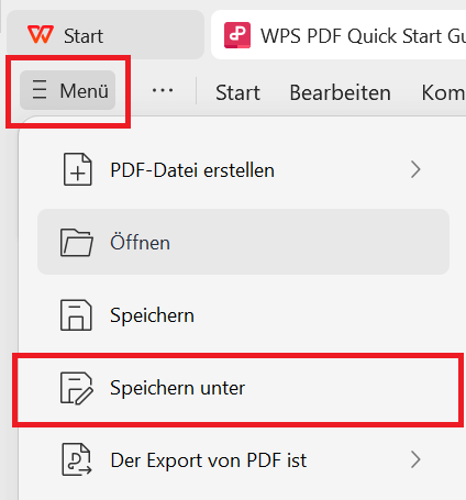 WPS PDF Speichern unter Option
