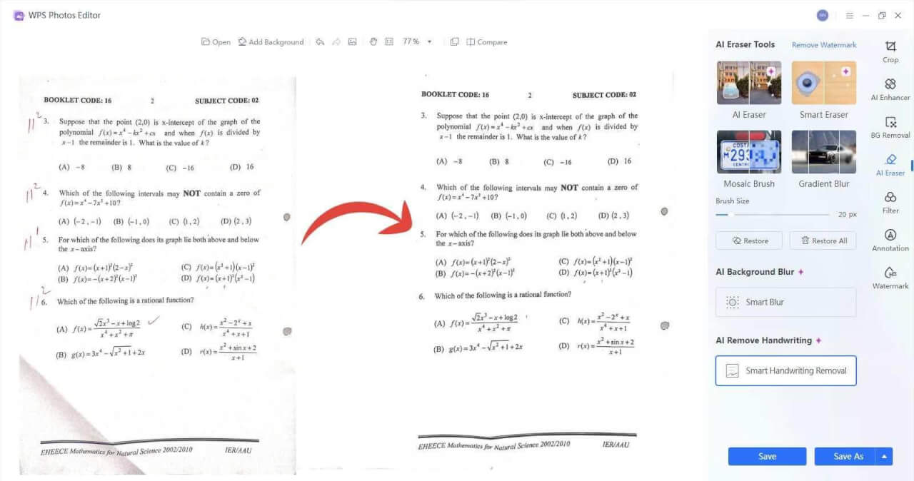 WPS Fotos AI-håndskriftfjerner