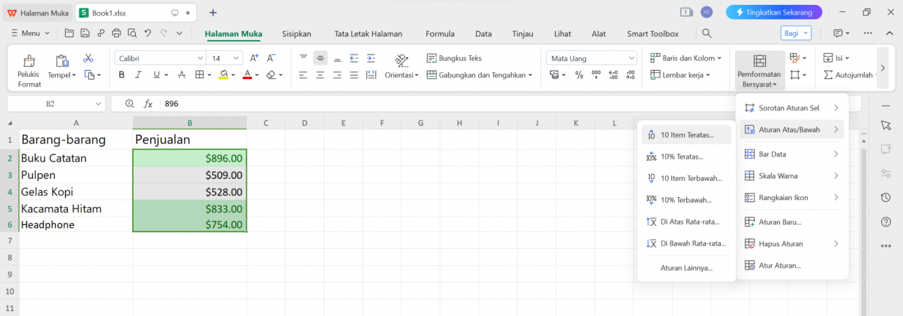 Aturan Teratas/Bawah WPS Spreadsheet