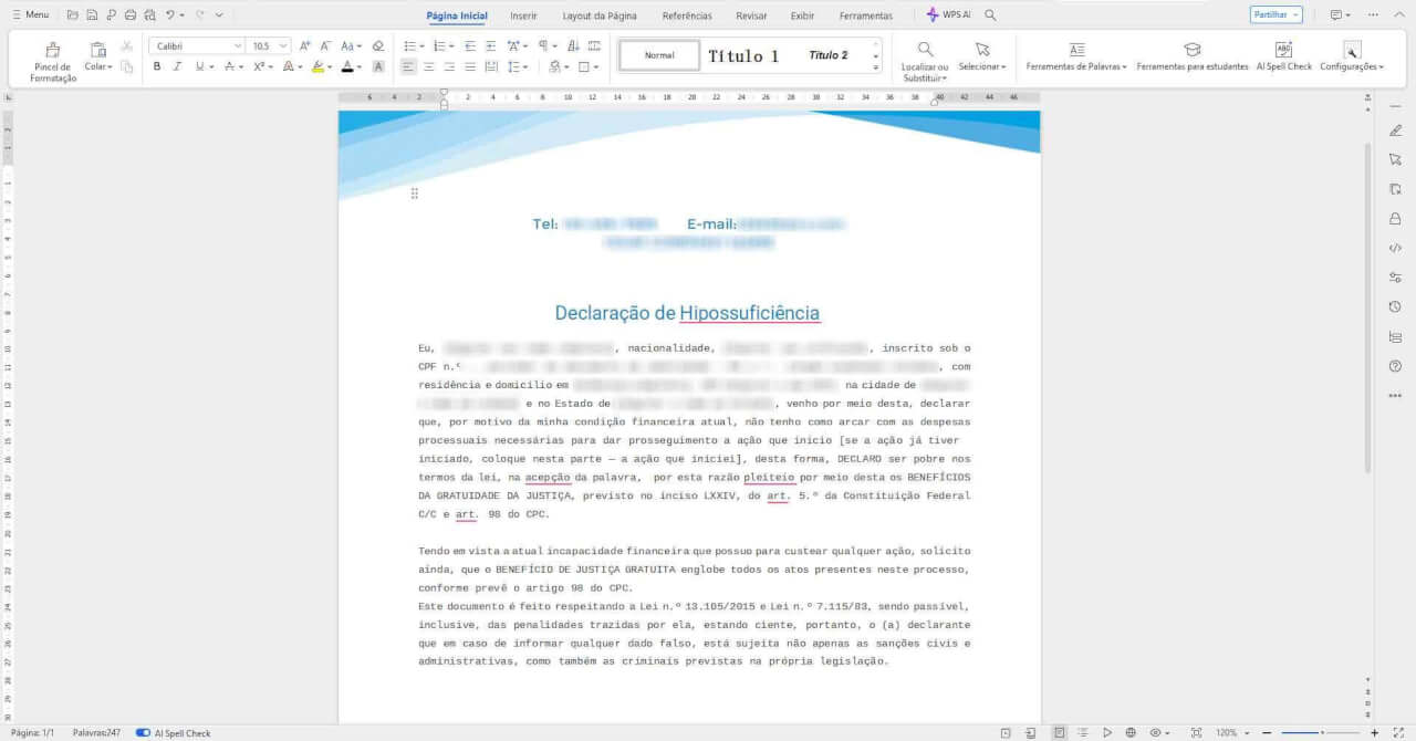 editando seu modelo de declaração de hipossuficiência