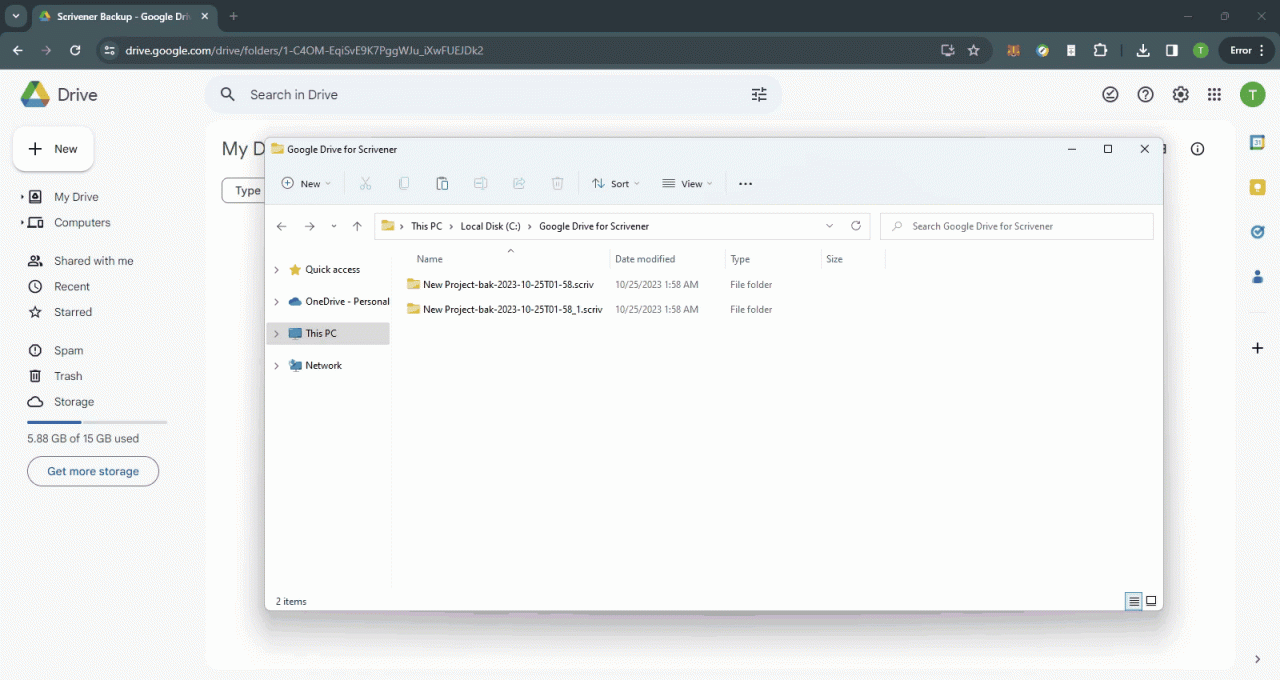 Drag and Drop Scrivener files to Google drive for backup