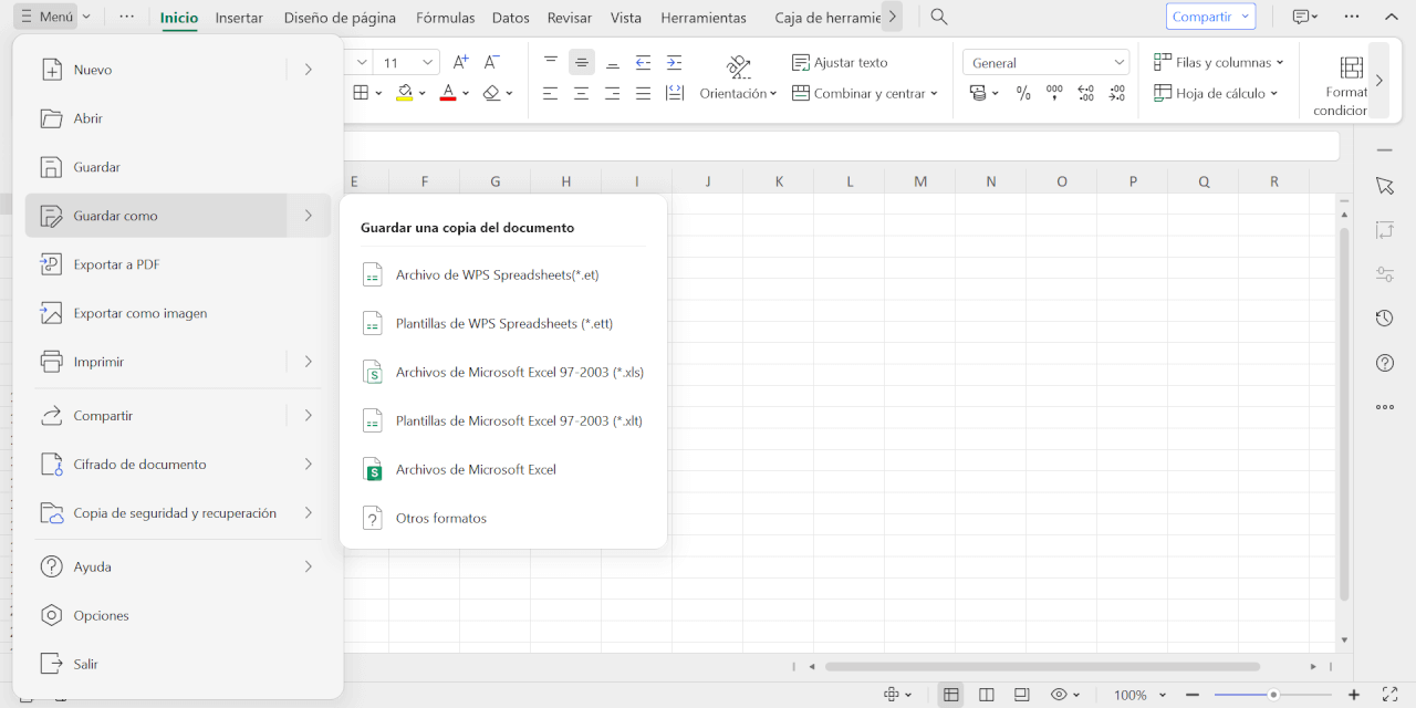 Diferentes opciones de guardar en WPS Spreadsheet