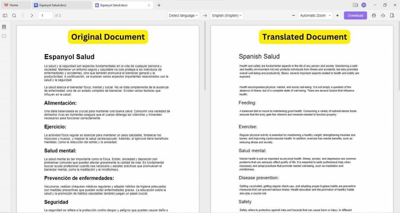 Cópia traduzida em paralelo no Escritor do WPS Office