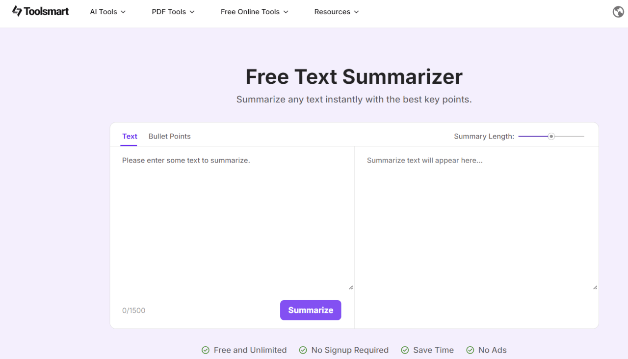 Toolsmart's Free Text Summarizer