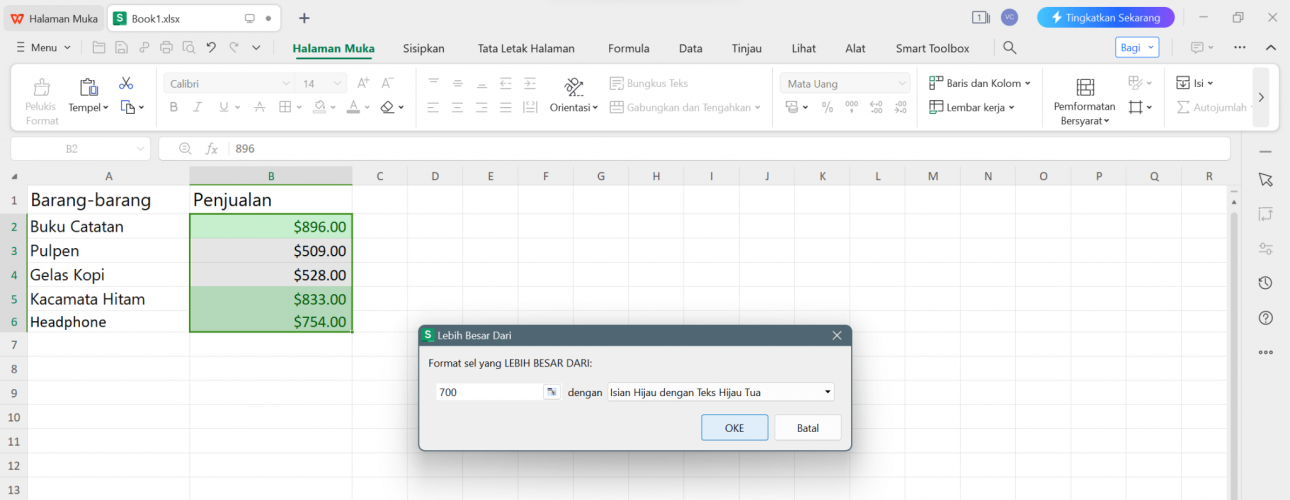 Ubah Aturan Sorot Sel WPS Spreadsheet
