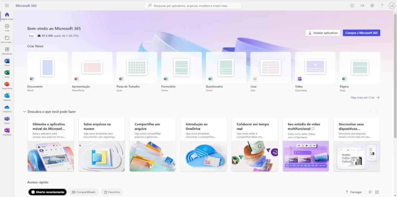 painel de controle do Microsoft 365