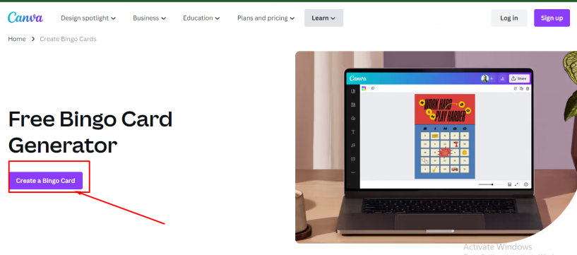 Opción de crear tarjeta de bingo en Canva
